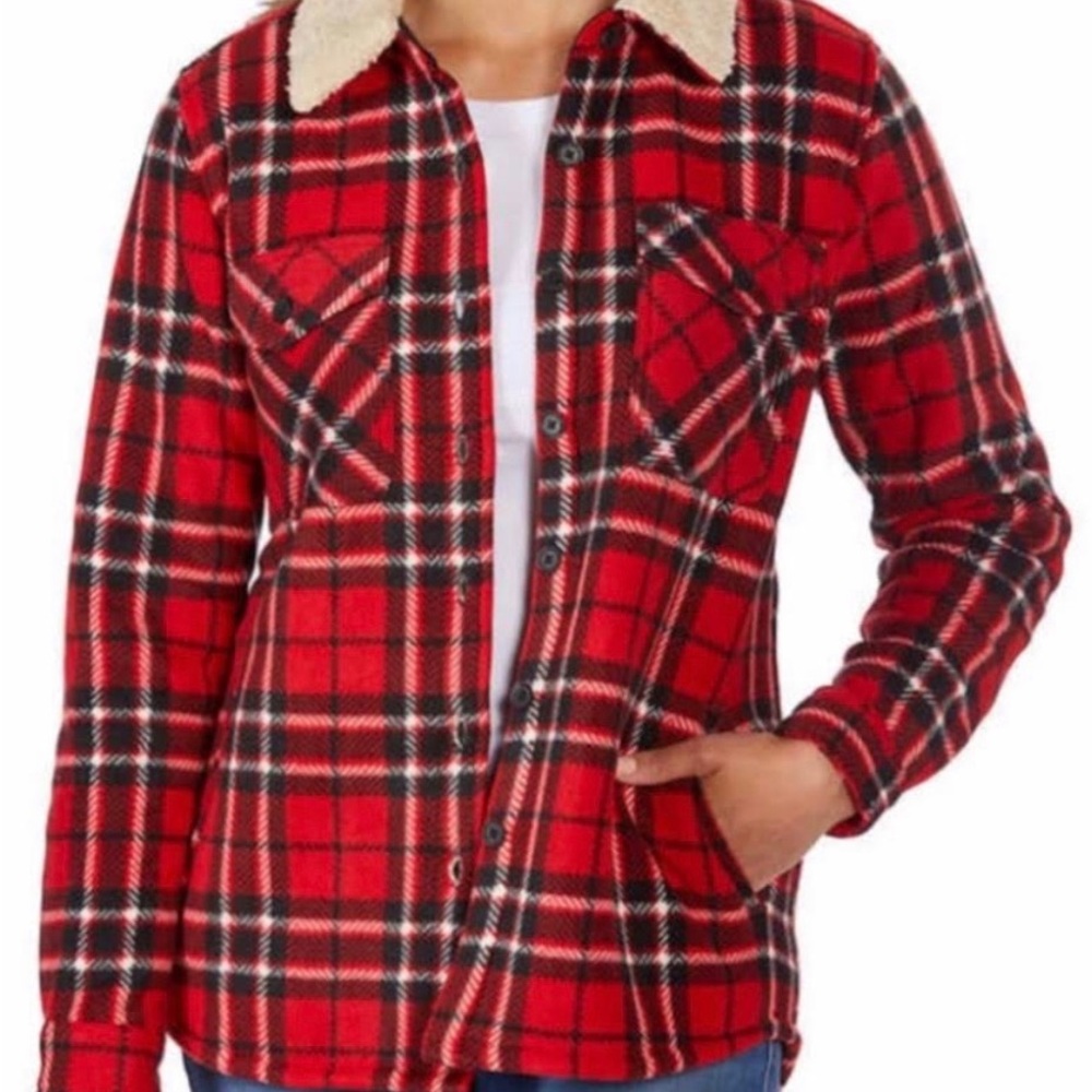 NWOT Soho Threads Women's Plush Sherpa Lined Shirt Jacket Red Plaid Size XXL.